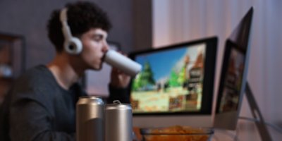 Mladík hraje na pc a pije nápoj
