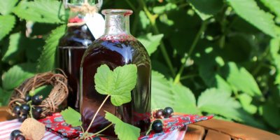 Domácí šťáva ve dvou nádobách, černý rybíz