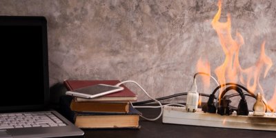 Notebook, telefon a další připojeny do prodlužovací lišty, která hoří