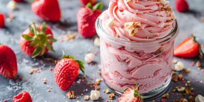 Jahodová nutella v kelímku, kolem jahody