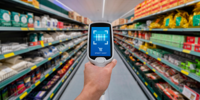 Záběr na čtečku čárových kódů v obchodě