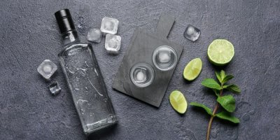 Pohled shora na ležící láhev a dvě skleničky s čirým alkoholem, nakrájenou limetku, kostky ledu a větvičku máty