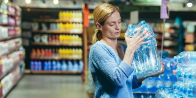 Žena manipuluje s balením PET lahví vody v obchodě. 