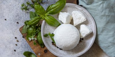 Domácí ricotta na prkénku, kolem bazalka