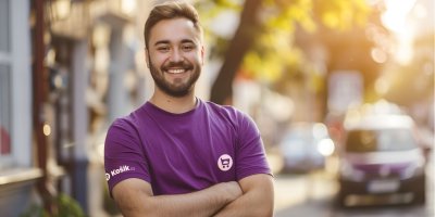 Kurýr Košík.cz ve fialovém tričku 