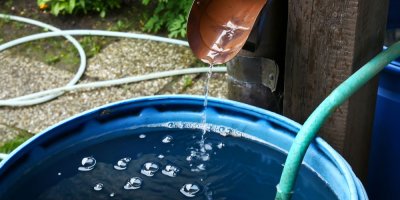 Voda teče z okapové roury do modrého sudu.