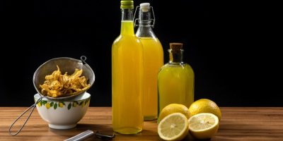 Limoncello v lahvích, nastrouhaná kůra, sítko, miska a citrony
