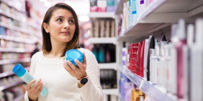 Žena vybírá v obchodě kosmetické produkty.