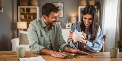 Mladý pár vysypává peníze z prasátka