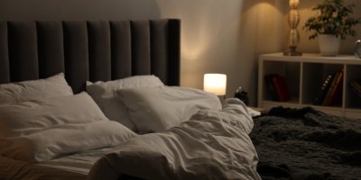 Ložnice v černo-bílé barvě s intimním osvětlením