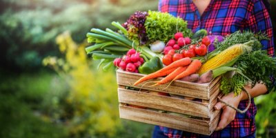 Žena drží bedýnku se zeleninou