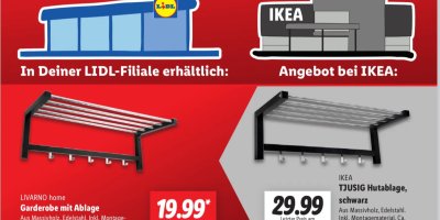 Leták Lidlu srovnávající věšák s identickým věšákem z Ikey