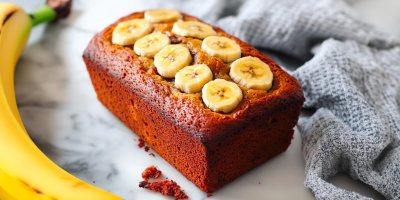 Banánový chlebíček na stole s dekorací banánů 