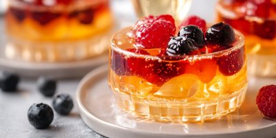 Bublinkové želé s ovocem na talířku, kolem borůvky a maliny