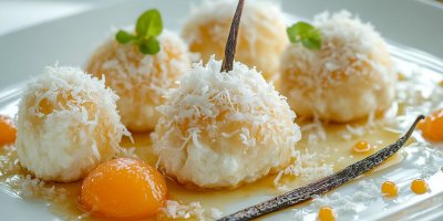 Ricotové knedlíčky ozdobené meruňkami, kokosem a vanilkovým luskem na talíři 