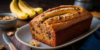 Banánový chlebíček, v pozadí banány