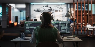 Žena pracuje u počítače a poslouchá přitom hudbu ze sluchátek.