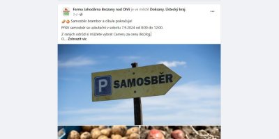 Příspěvěk na Facebooku Farmy Jahodárna o samosběru brambor