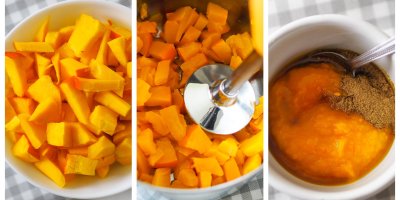Kousky dýně, které se následně rozmixují a smíchají s kořením