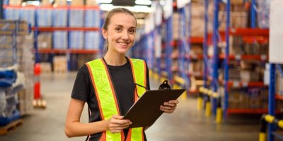 Žena v reflexní vestě drží psací podložku