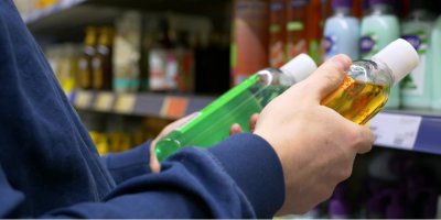 Muž si v drogerii vybírá šampon