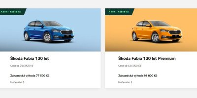 Akční nabídka prodeje dvou vozů Škoda Fabia 130 let a 130 let Premium