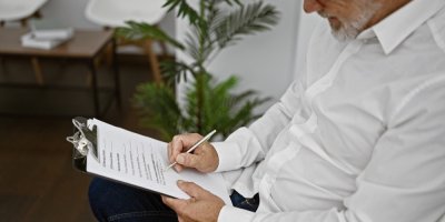 Muž v bílé košili vyplňuje formulář.