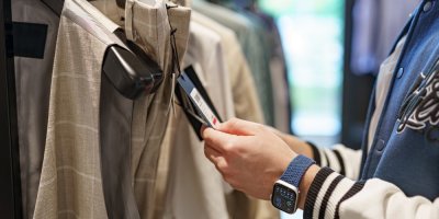 Muž v obchodě s oblečením se dívá na cenovku