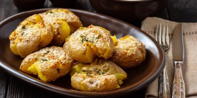 Pečené brambory s česnekem a parmezánem na talíři