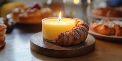 Svíčka a sladké pečivo na prkénku