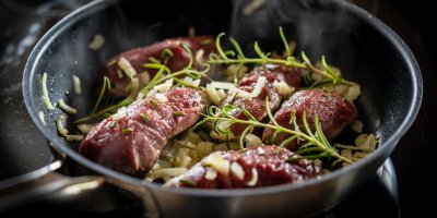 V hrnci se vaří jelení maso, cibule a rozmarýn