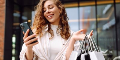 Žena drží v ruce nákupní tašky a ve druhé ruce má mobil
