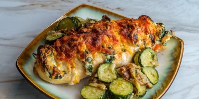 Kuřecí se špenátem a zeleninovou oblohou na talíři