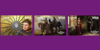 Tři herní vizuály virtuálních platebních karet se středověkými motivy ze hry Kingdom Come