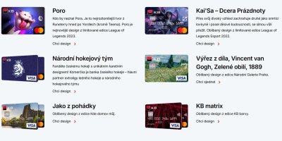 Návrhy různých designů plastových i virtuálních platebních karet Komerční banky