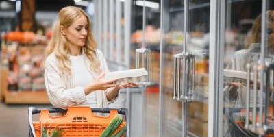 Žena nakupuje v obchodě vejce