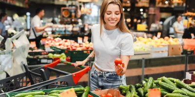 Mladá usmívající se žena s nákupním vozíkem si vybírá zeleninu v supermarketu