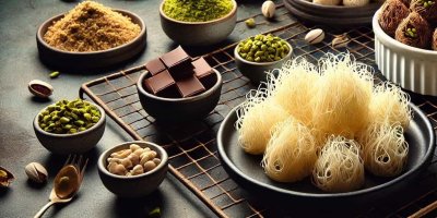 Kataifi těsto, pistáciové oříšky, čokoláda