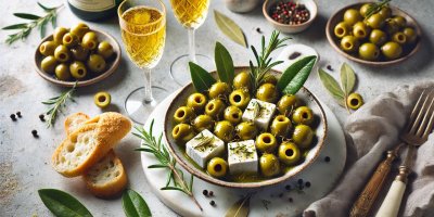  Olivy a feta marinované v šampaňském