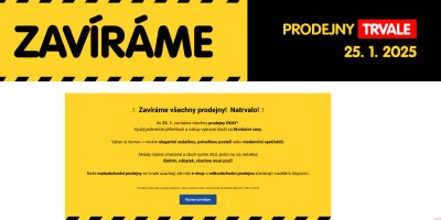 Banner z webu Okay, který informuje o uzavření prodejen 