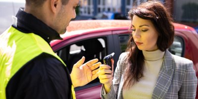 Policista provádí test na alkohol, žena drží alkoholtester