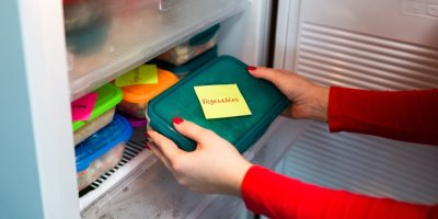 Žena vkládá krabičku se zeleným víkem do mrazáku