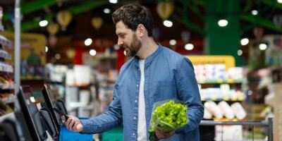 Muž platí u samoobslužné pokladny za salát.