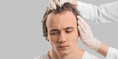 Člověk v rukavicích prohlíží mladému muži řídnoucí vlasy na hlavě.