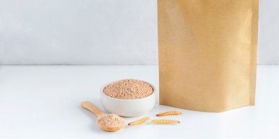 Červi, mouka z červů na dřevěné lžíci a v bílé misce, papírový sáček