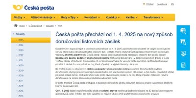 Aktualita na webových stránkách České pošty