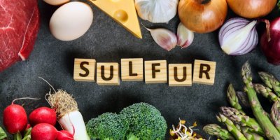 Nápis "sulfur" a kolem zelenina, červené maso a sýr