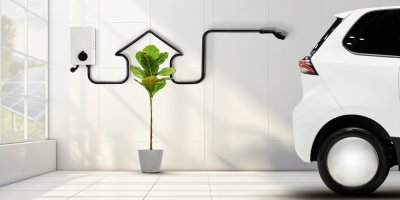 Zadní část automobilu, nabíjecí stanice v interiéru domu, koncept ekologického elektrického nabíjení