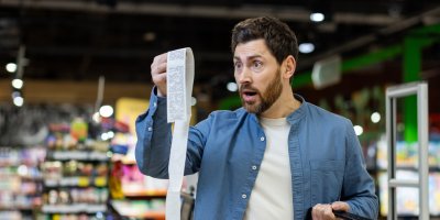 Muž se dívá vyděšeně na účtenku z obchodu