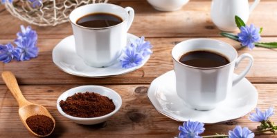 Dva šálky čekankové kávy, květy čekanky obecné